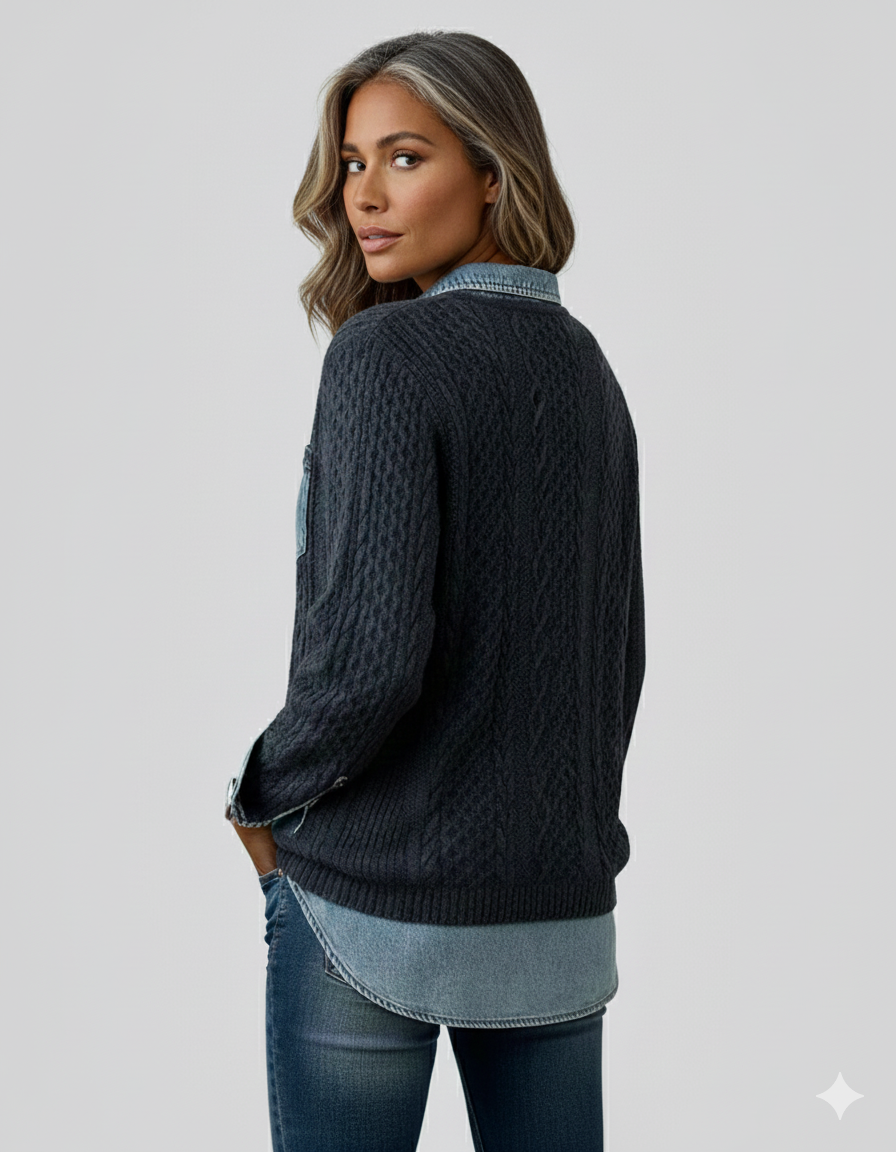 Top de punto patchwork con detalles de denim 