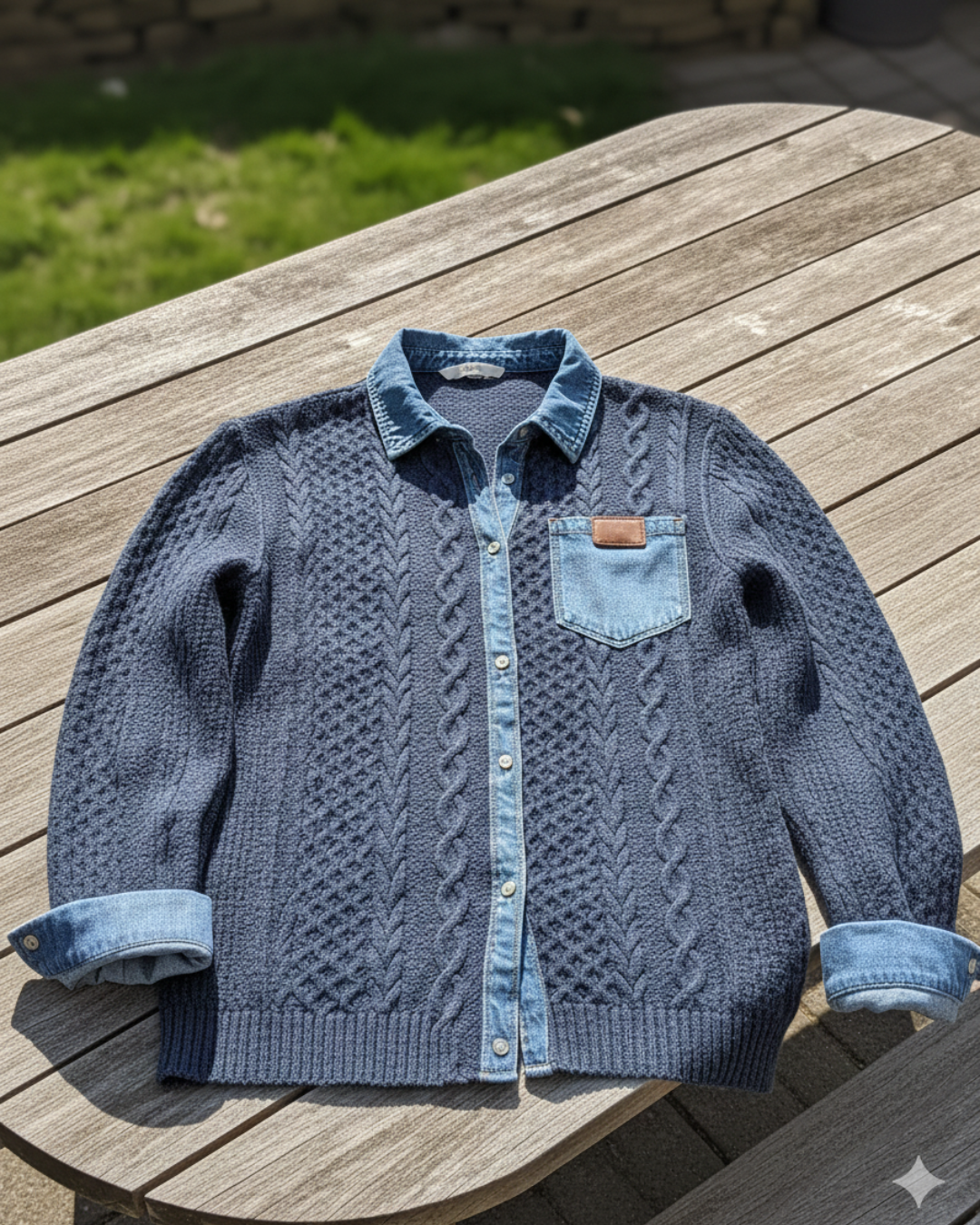 Top de punto patchwork con detalles de denim
