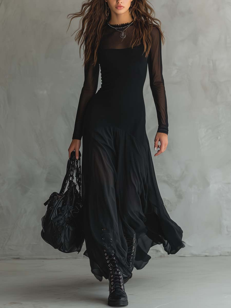 María · Vestido largo holgado de tul negro