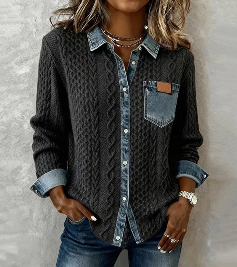 Top de punto patchwork con detalles de denim 
