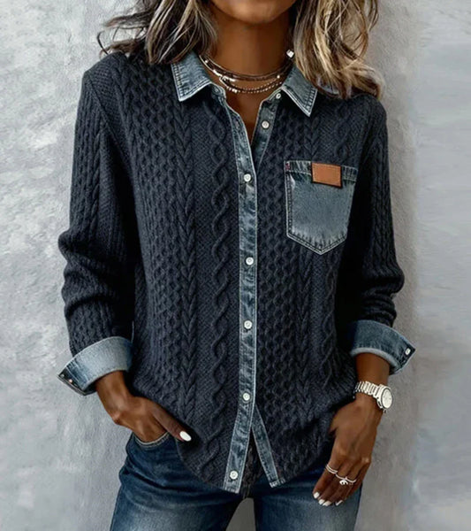 Top de punto patchwork con detalles de denim