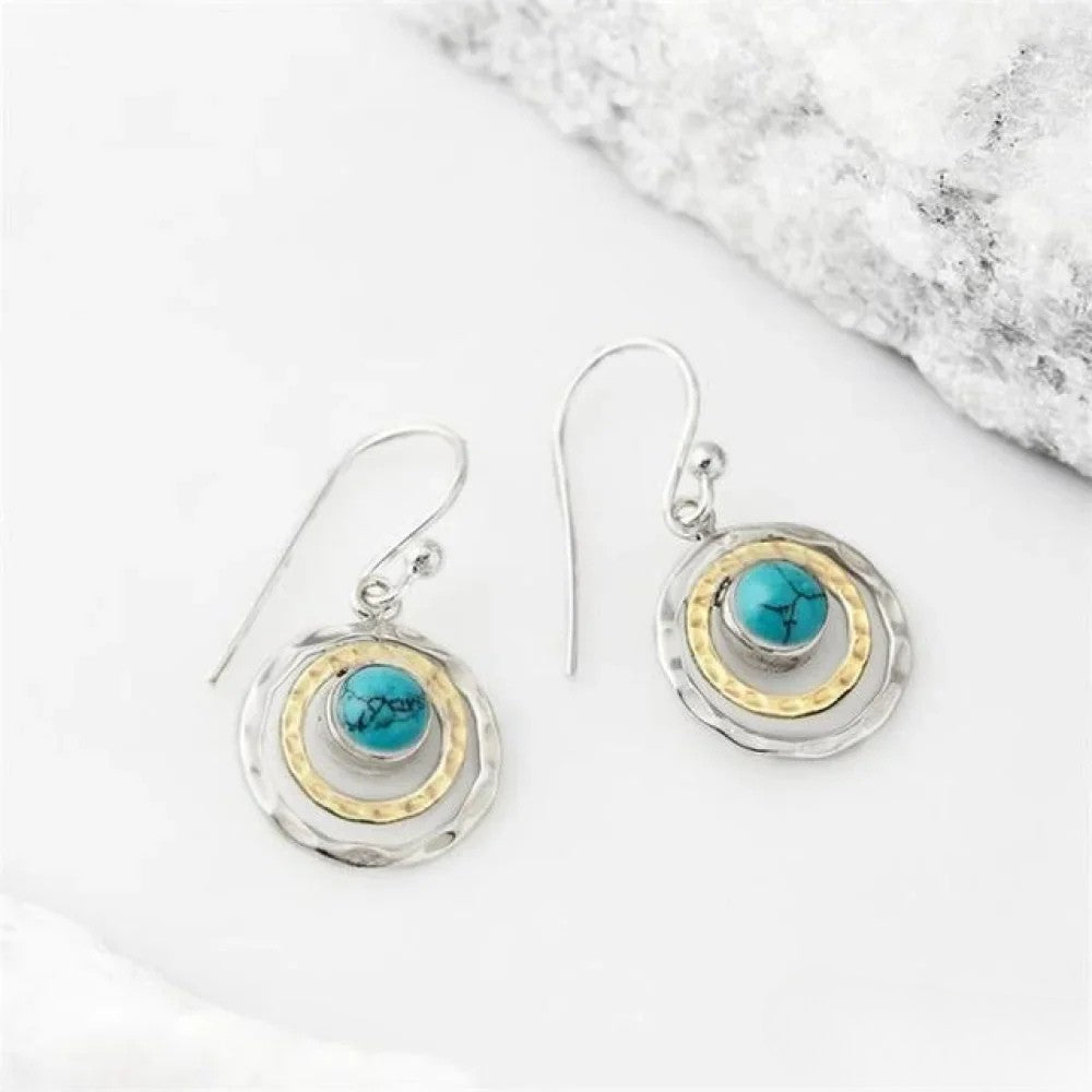 Pendientes Boho Saturno con Piedra Turquesa en Plata y Oro