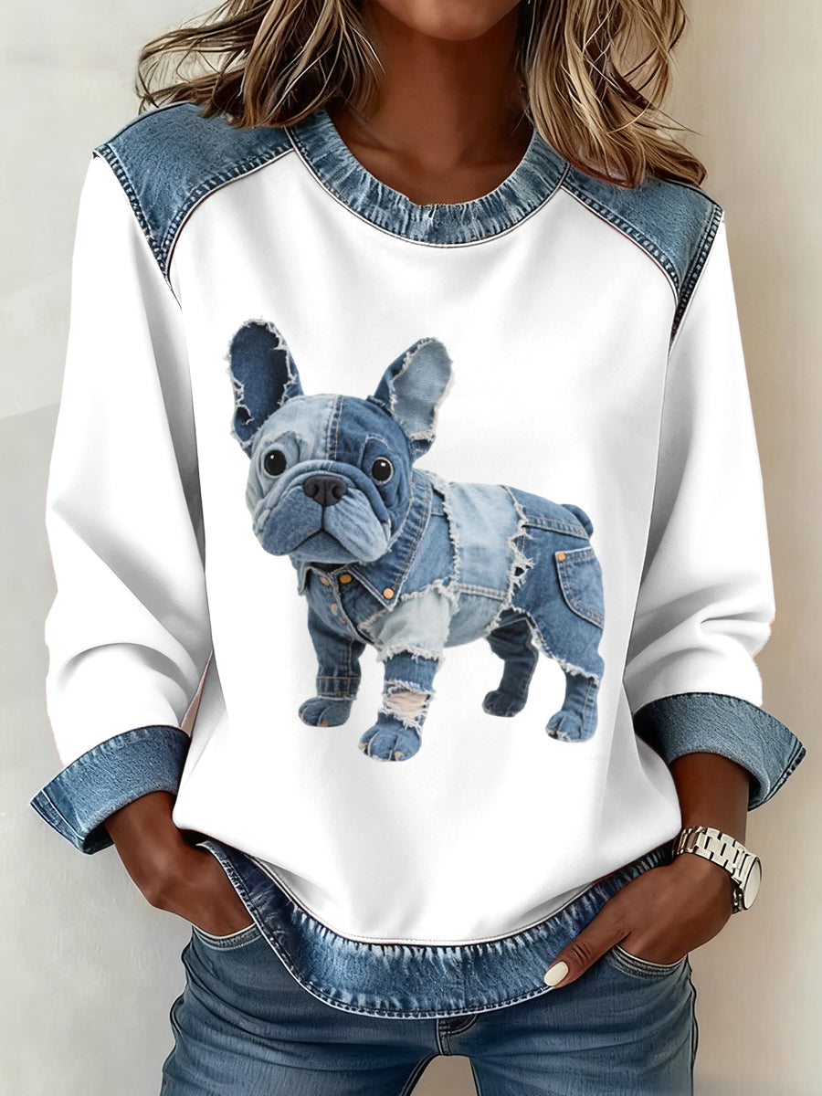 Alma - Sudadera de dama con patchwork de denim en estilo bulldog francés