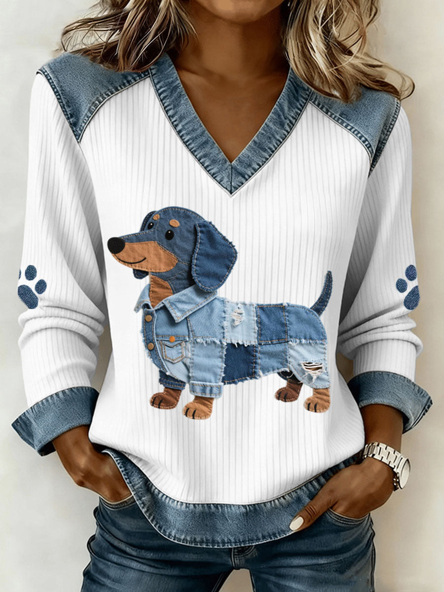 Encantador dachshund para con patchwork de denim artístico