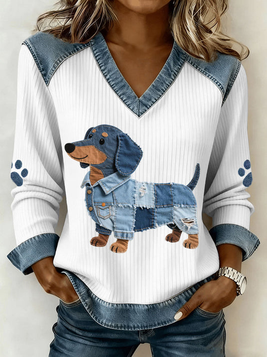Encantador dachshund para con patchwork de denim artístico